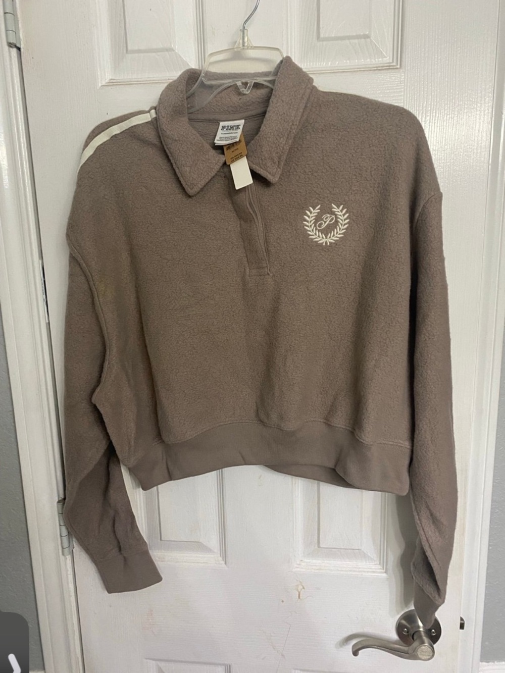 PINK Victoria's Secret Taupe Teddy Fleece Polo Pullover with White Accents